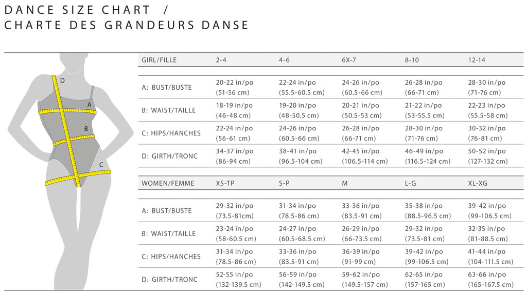 Dance Jacket size chart